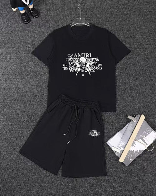 Amiri Angel Art Graphic Short‑Sleeve T‑Shirt & Drawstring Shorts Two‑Piece Set